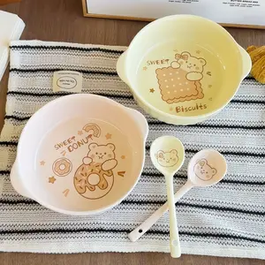 Cute Ceramic Bowl Set, Large Capacity, Microwave & Oven Safe, Includes Handles & Spoon, Perfect for Soup, Salad, Noodles, Kitchen Essentials, Bowl With Handle