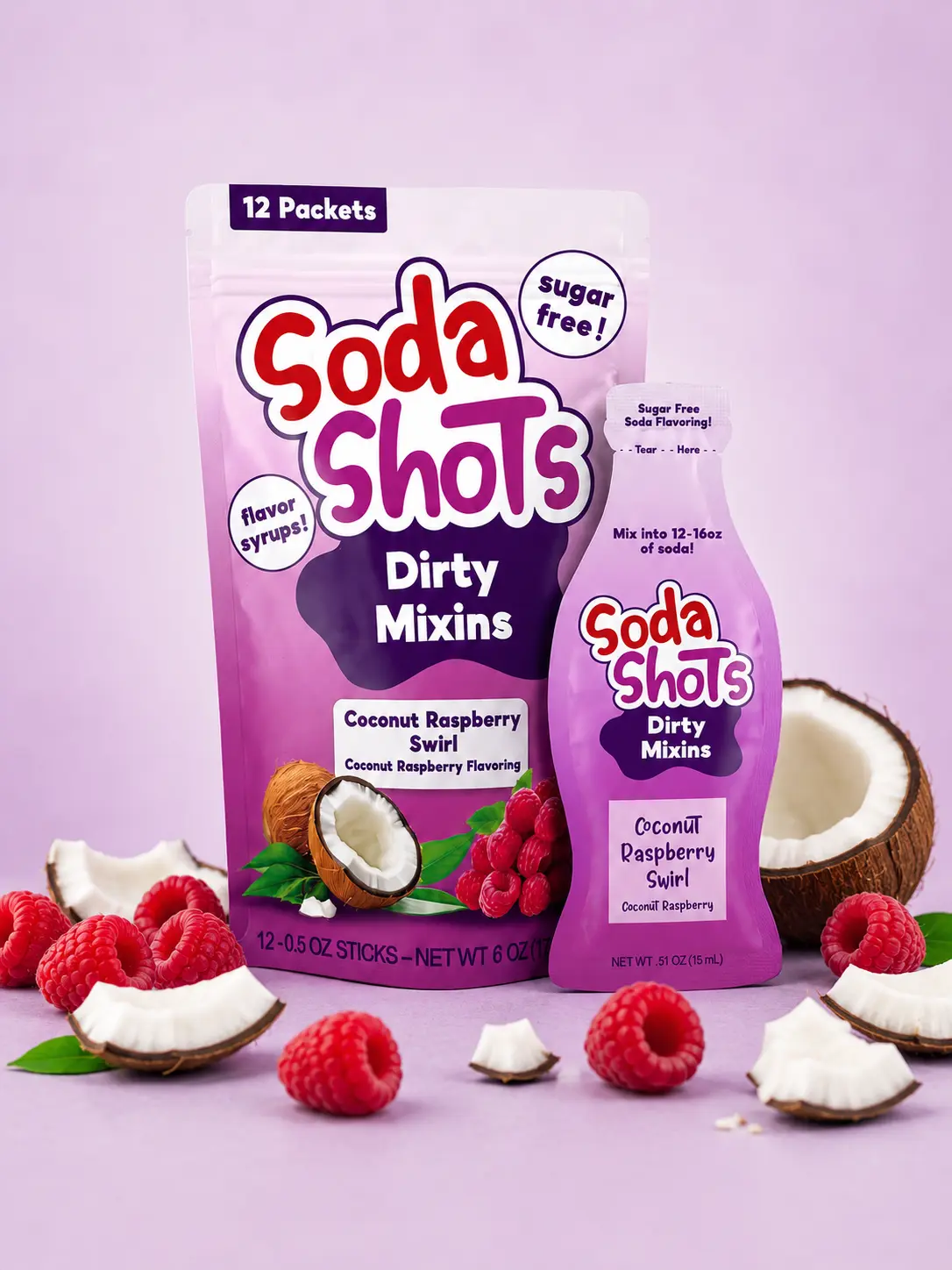 Coconut Raspberry Swirl Dirty Soda Sugar Free Coconut Raspberry Syrup Mixin, Mix into 12-16oz Sodas, at Home and on the Go.
