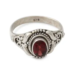 NOVICA Artisan Handmade Garnet Cocktail Ring Traditional Style Silver India Sterling Red Single Stone Marsala Fiesta Aurora Birthstone [ring Front 0.5 in L x 0.4 in W x 0.2 in H Band Width 3 mm W]