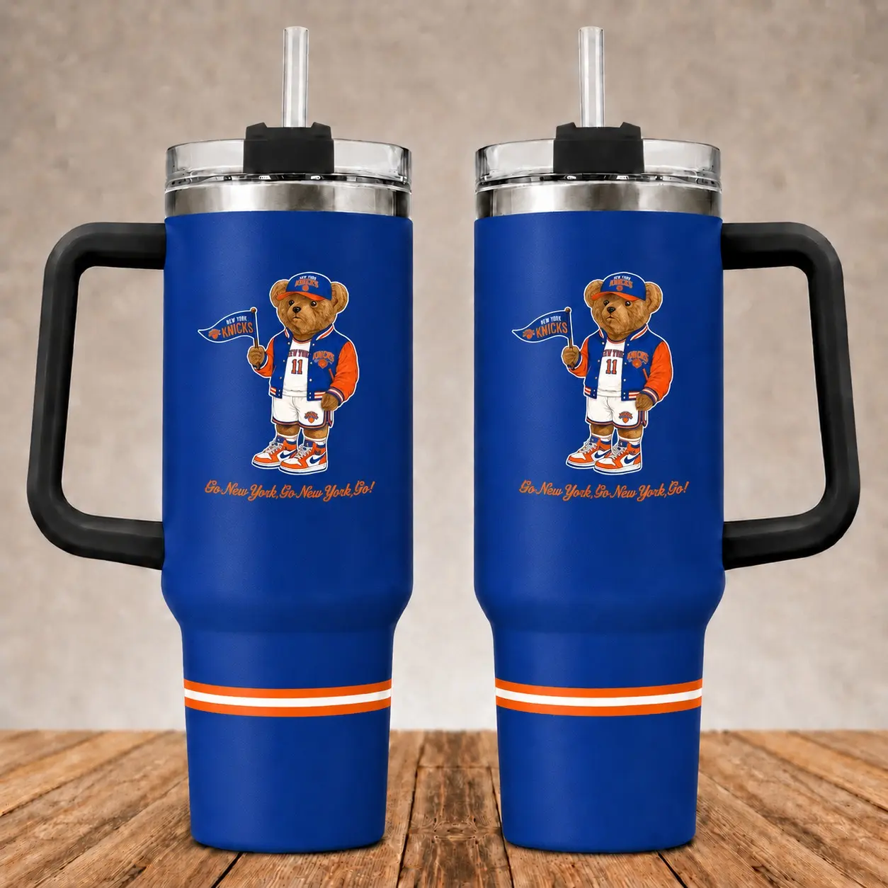 NYC Champion Teddy Tumbler 40oz With Handle, Knicks Travel Mug Basketball, Stainless Steels