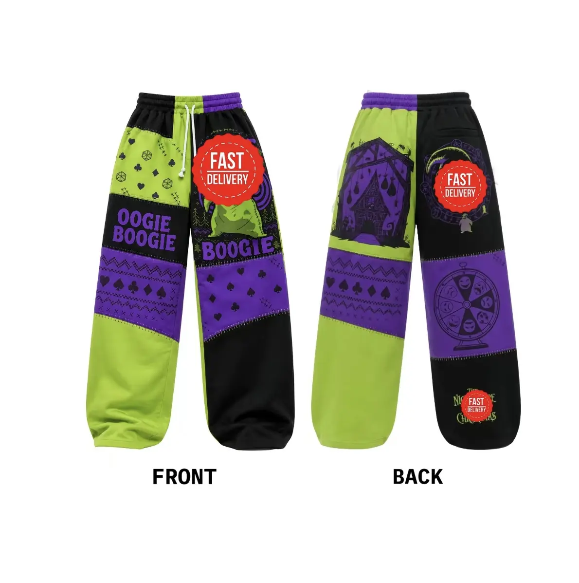 Halloween Green Loose Sweatpants, Retro Purple & Green Patchwork Wide Leg Lounge Pants, Spooky Graphic Casual Trousers
