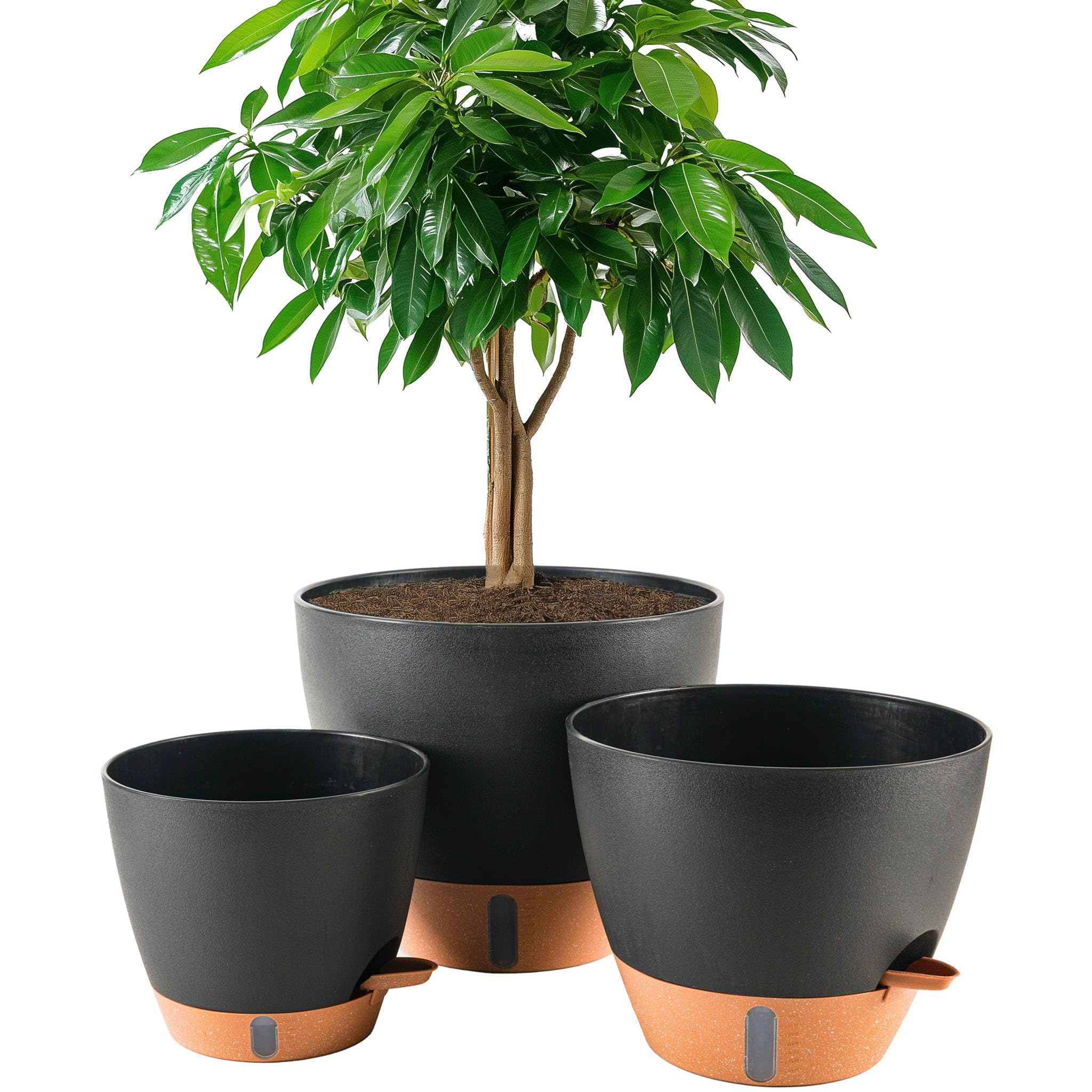 3 Pack Self Watering Pots for Indoor & Outdoor Plants, Large Plastic Planter with Drainage Holes, Water Level Indicator & Deep Reservoir, Modern Decorative Flower Pots
