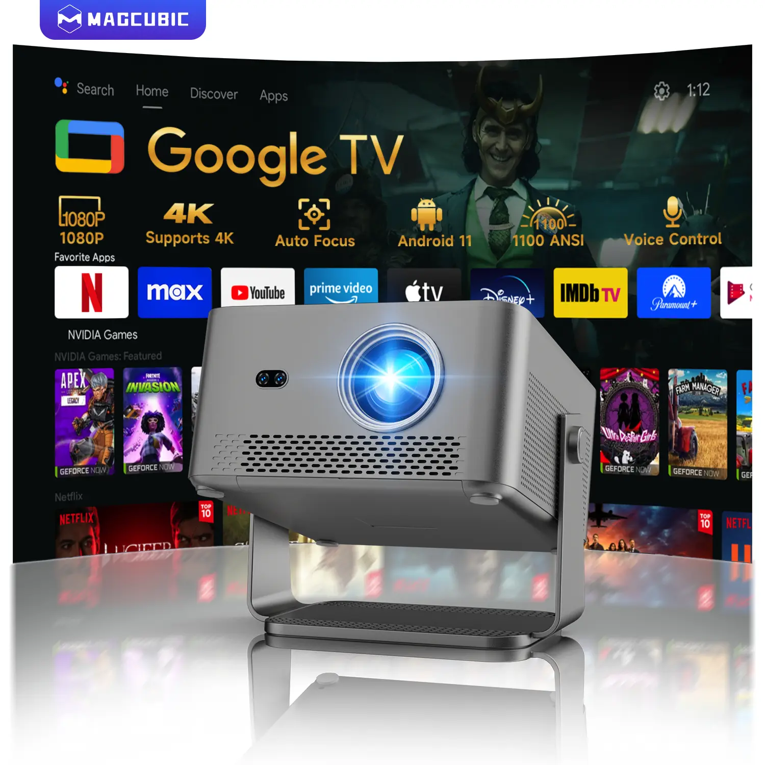 [Google TV stick Bundled] Magcubic HY450GT 1100ANSI Projector with Officially Certificated Google TV Auto Focus 4K Decoding Google Voice Assistant Built-in 15W HFl speaker Native 1080P HDR10 WIFI5+BT5.0 Smart Home Cinema
