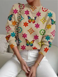 Women's Geometric Butterfly Print Stand Collar Short Sweater, Casual Long Sleeve Knit Top, Fall Winter Comfortable Warm Clothing