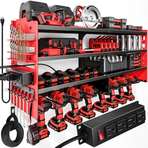 Large Power Tool Organizer Wall Mount with  Station,4 Layer Heavy Duty Metal Tool Storage Shelf Loads 600lbs, Utility Rack With 4 Outlet Power Strip with 8 Cordless Drill Holder