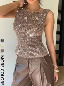 Women's Round Neck Sequin Fitted Vest, Casual European Style Sleeveless Design, Summer Sparkle, Perfect for Shopping and Coffee Shops