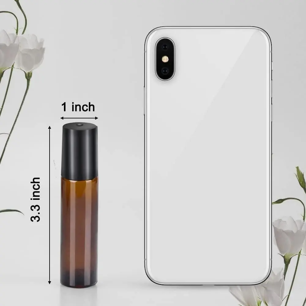 25 Pack Essential Oil Bottles, 10ml Amber Glass Bottles with Stainless Steel Roller Balls and Caps for Travel, Perfume and Lip Gloss