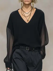 Elegant Loose Knit V-Neck Top with Sheer Long Sleeves, Breathable Transparent Casual Shirt, Knitwear for Comfortable Daily Wear