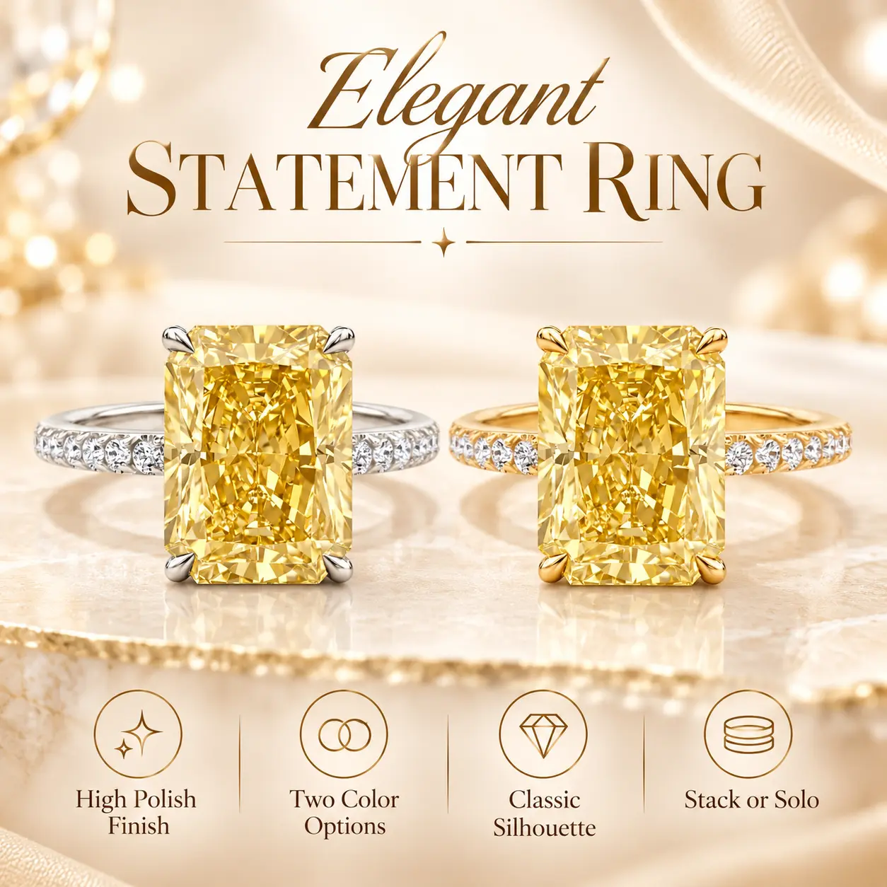 Loysun Yellow Radiant Cut Ring for Women, Four Prong Pavé Band, High Polish Stackable Statement Jewelry, Anniversary Birthday Valentine's Christmas Gift