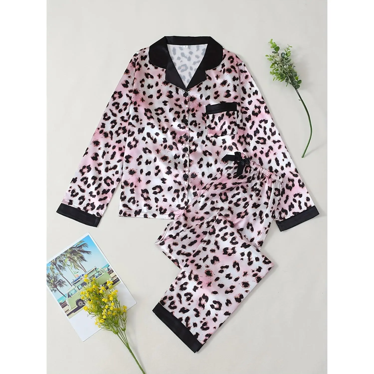 Leopard Print Long Sleeve Pajama Set with Matching Pants for Women