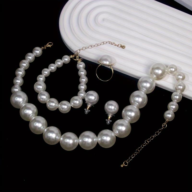 5PCS Elegant Women Faux Pearl Jewelry Set Vintage Necklace, Bracelet, Earrings, and Ring Handmade Adjustable Faux Pearl Pendant Necklace Exquisite Bracelet Engagement Anniversary Jewelry Gift
