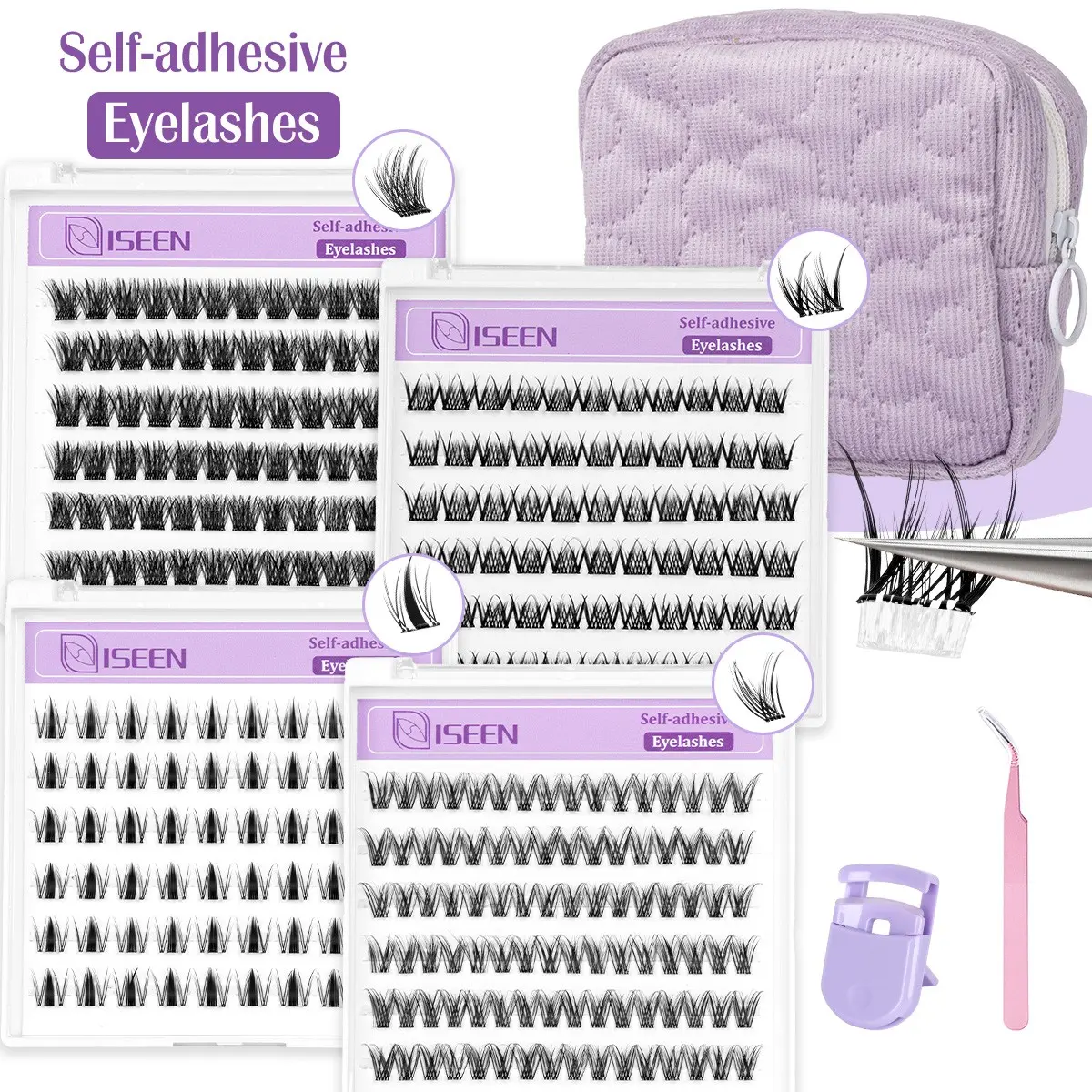 Self-Adhesive False Eyelashes Kit with Makeup Bag | No Glue Needed | Includes Tweezers & Eyelash Curler | Compact Lightweight Portable Travel Lash Set Eye Makeup Supplies
