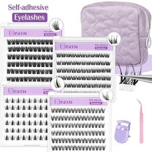 Self-Adhesive False Eyelashes Kit with Makeup Bag | No Glue Needed | Includes Tweezers & Eyelash Curler | Portable Travel Lash Set