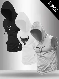 Men's 3-Piece Bull Graphic Print Round Neck Sleeveless T-Shirt Set, Casual Comfortable Fitted Activewear Hooded Vest, Summer Outdoor Athletic Fitness Wear
