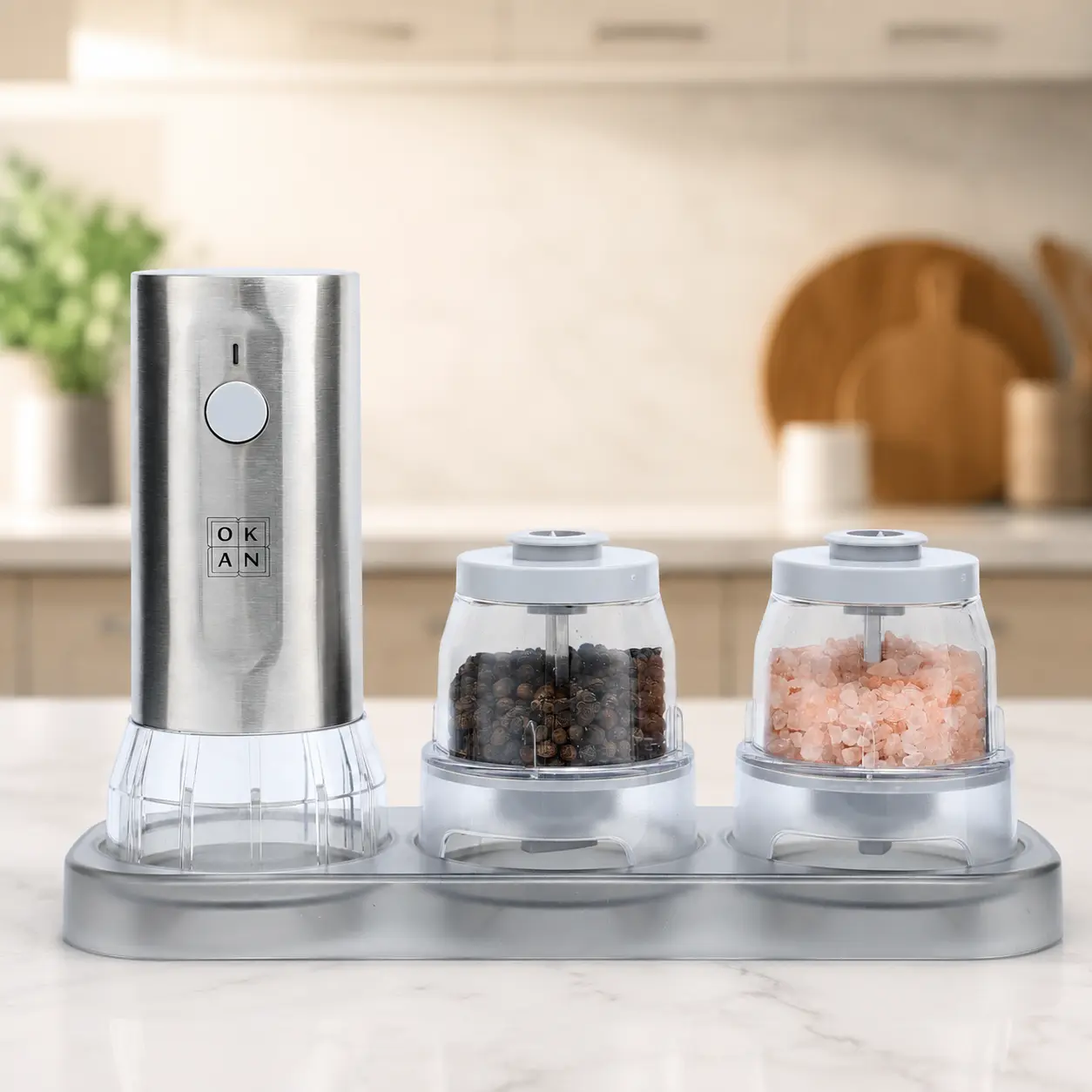 USB Rechargeable Electric Salt and Pepper Grinder Set, 1-Hand Operation Kitchen Gadget with Adjustable Ceramic Burr, Large Capacity Seasoning Containers, LED Light, Stainless Steel Build