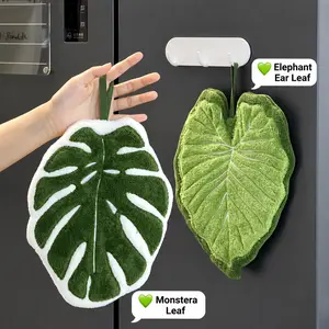 2-Pack Green Leaf Hanging Hand Towels – Coral Fleece Absorbent Kitchen & Bathroom Towels with Hanging Loop, Super Soft Quick Dry Decorative Towels for Kids & Adults, Cute Plant Design Home Essentials