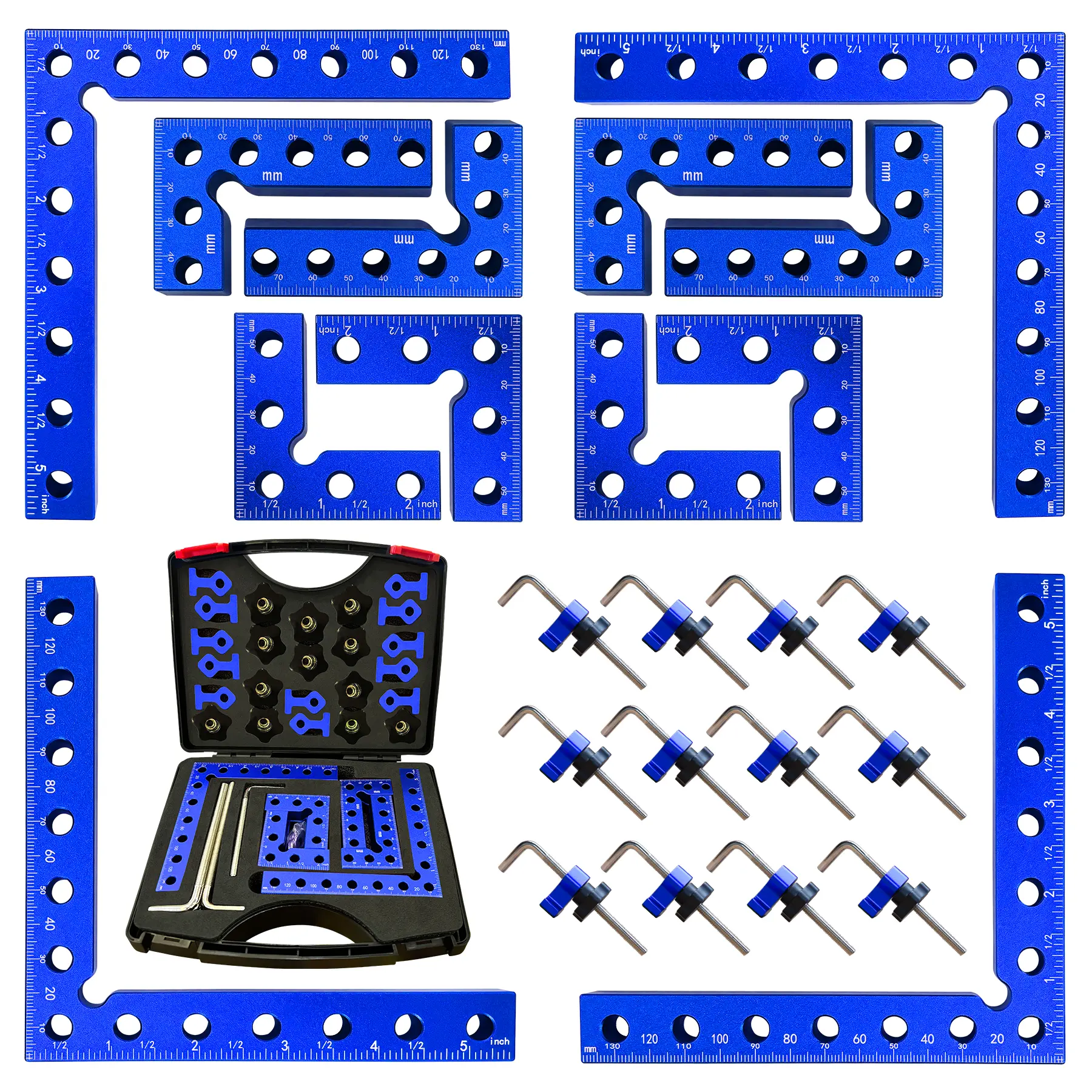 12-Pack Corner Clamps for Woodworking, Blue Aluminum 90 Degree Positioning L-Square Kit with Storage Case, Right Angle Clamps for Cabinets, Drawers, Boxes and Frames - SYYKTTD
