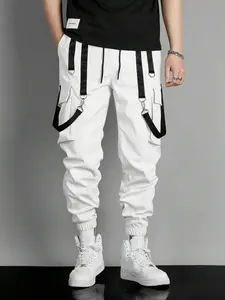 Men’s White Techwear Cargo Joggers - Menswear Pants with Black Straps, Utility Pockets, Technical Men's Pants for Edgy Streetwear, Urban Fashion