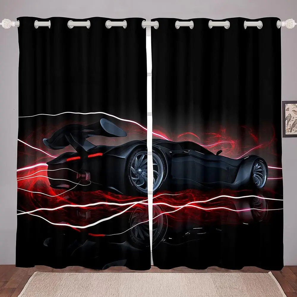 Racing Car Window Drapes Extreme Speed Sports Decor Window Curtains for Bedroom Living Room for Boys Girls Boys Girls Competition Curtains Luxury Black Red Window Treatments 52*63,2 Panels,Summervibes