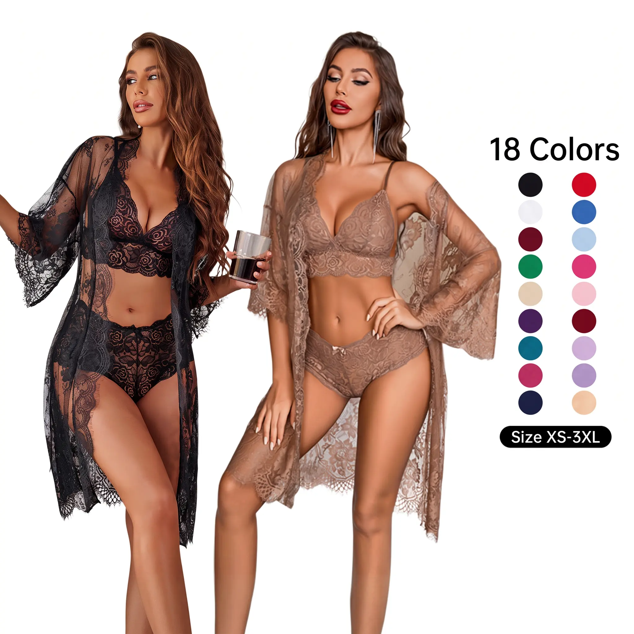 Avidlove Women's Alluring 3-Piece Lingerie Collection Brassiere and Brief Set featuring Lace Wrap Robe Sleepwear Sheer Night Dress Perfect for Special Occasions and Regular Wear
