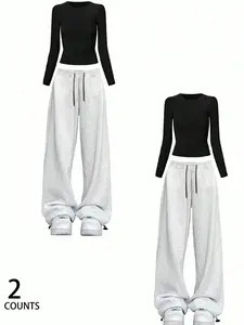 Women's Slim-Fit Long Sleeve Tee & Sweatpants Set, Comfortable Casual Wear for Spring & Fall, Daily Essentials