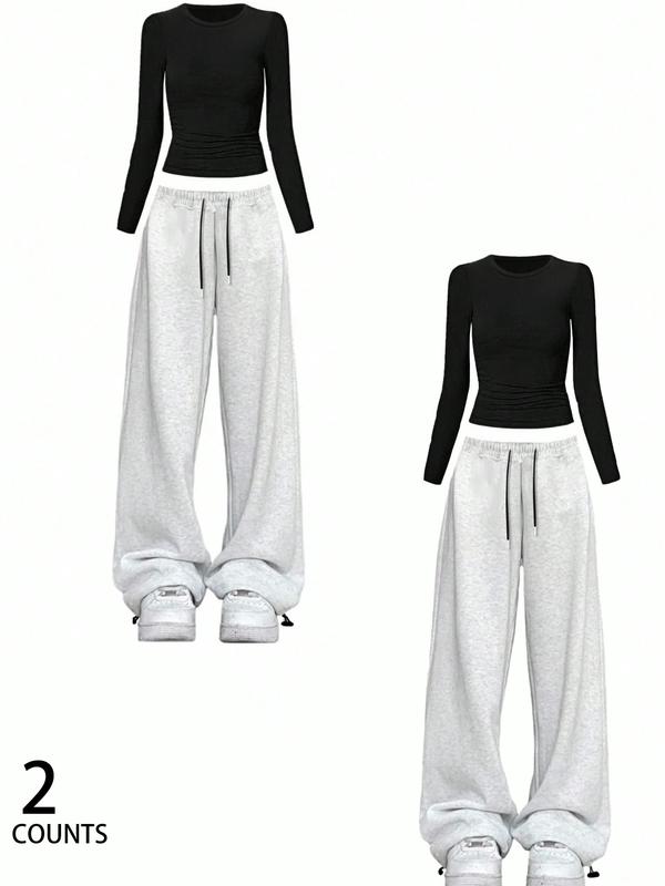 Women's Slim-Fit Long Sleeve Tee & Sweatpants Set, Comfortable Casual Wear for Spring & Fall, Daily Essentials