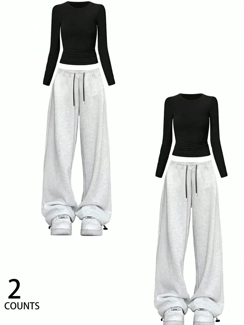 Women's Slim-Fit Long Sleeve Tee & Sweatpants Set, Comfortable Casual Wear for Spring & Fall, Daily Essentials