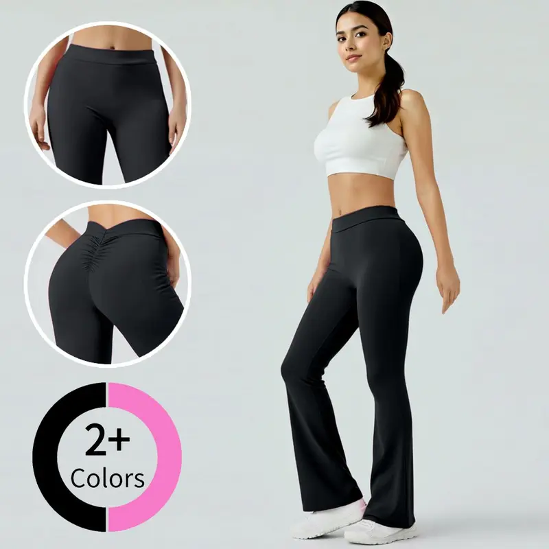 Women's High-Waisted Ruch Hip Lifting Nylon Blend Quick-Dry Flared Yoga Leggings - Kabuer V-Back Workout Clothes Women, Medium Stretch Activewear for Fitness, Running
