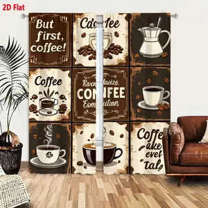 2D Flat Vintage Coffee Themed 3x3 Grid Art 2-Pack Curtains, Brown Beige Dark Gray Retro Coffee Bean & Pot Prints, Decorative Kitchen Dining Room Living Room Window Drapes for Coffee Lovers