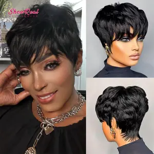 ShowReal 036 Pixie Short Pixie Cut Wigs Short Straight Brazilian Human Hair Wigs With Bangs Ready To Go Natural Black Color Full Machine Made Wig 4 Inch Size