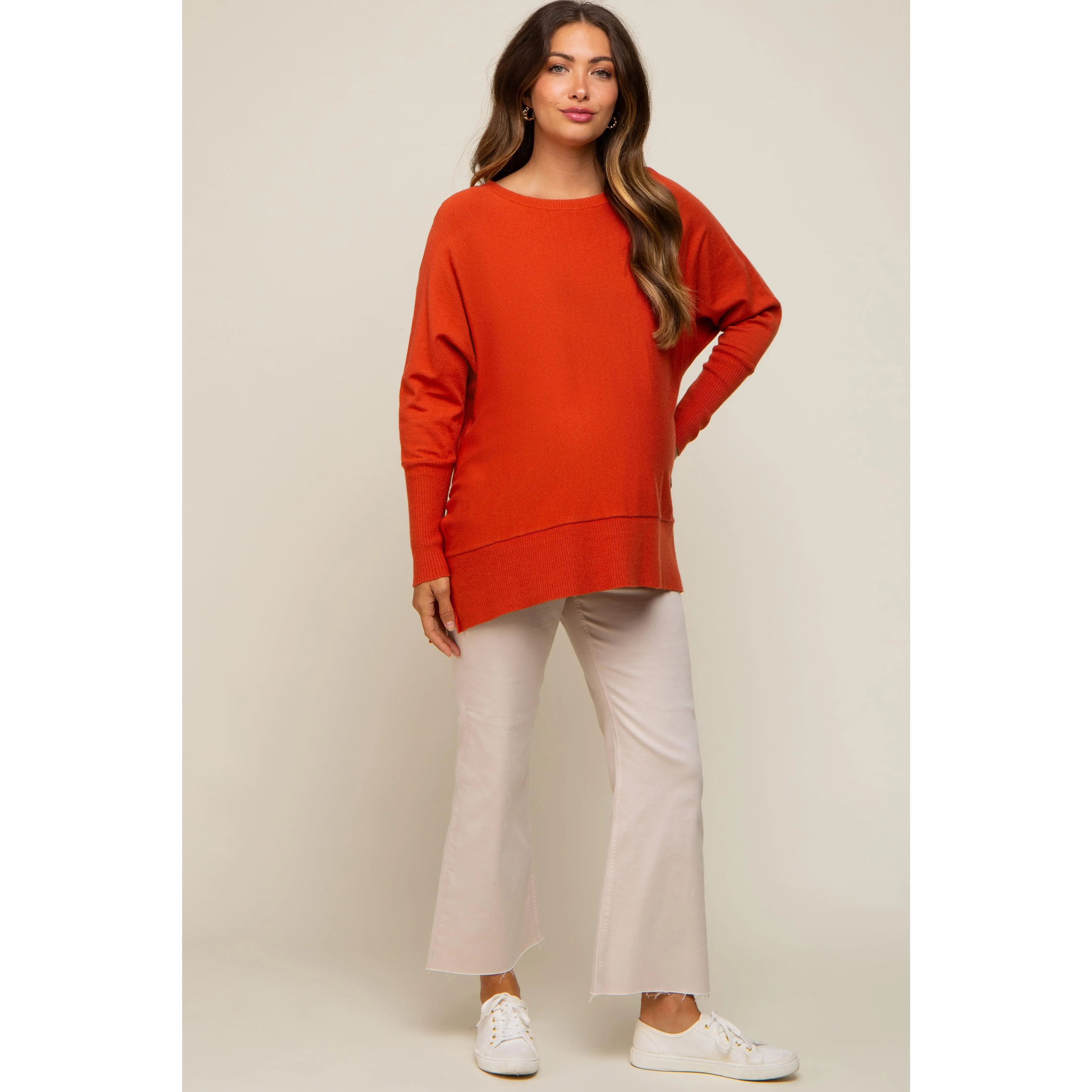 Orange Dolman Sleeve Side Slit Maternity Sweater