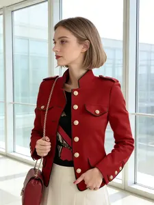 A women's retro style red stand up collar gold buckle short jacket, Casual jacket Long sleeve Outerwear with contrasting colors, multiple pockets, waist cinching, commuting daily wear top, suitable for all seasons, vacation, indoor, outdoor wear