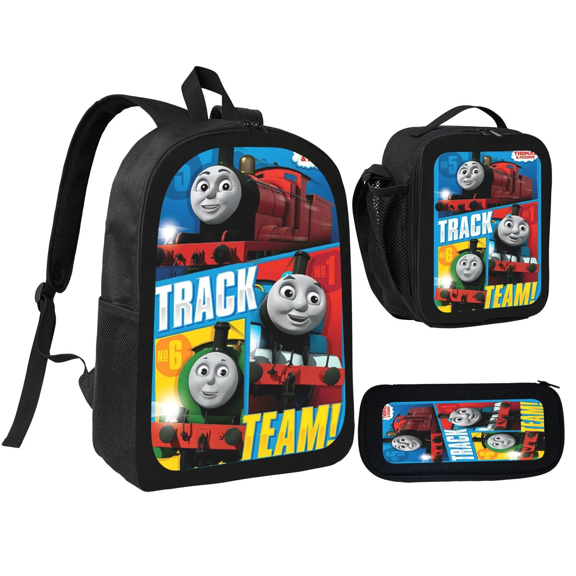 [3Pcs Backpack Set] Thomas And Friends Track Team Cartoon Train Pattern With Lunch Bag Pencil Pouch School Bag For Kids Boys Toddlers Kindergarten Preschool Elementary Student Daily Use Travel Gift