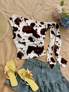 Sexy Style Polka Dot Print Knot Neck Asymmetrical Shoulder T-Shirt, Unique Design, Perfect for Casual Wear