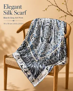 Women's 100% Mulberry Silk 27.5in Square Summer Scarf - Ink Blue Apsara Dunhuang Art Print, Lightweight Female Accessory for Hair, Neck, Gifting