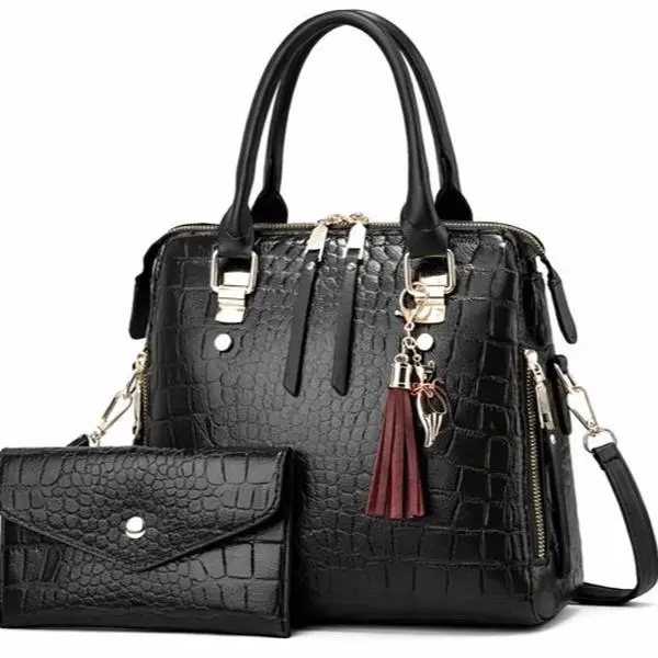 Elegant Black Crocodile-Textured Handbag with Tassel Accent and Matching Wallet for Women