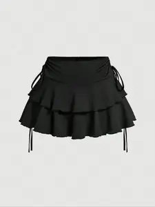 2026 Women's Plain Ruffle Trim Tiered Layer A Line Skirt, Casual Tie Side Short for Daily Wear, Ladies Bottoms All Seasons, Every Season, Breathable, Chic, Soft Touch, Every Season, Flexible Fit, Elevated Basics
