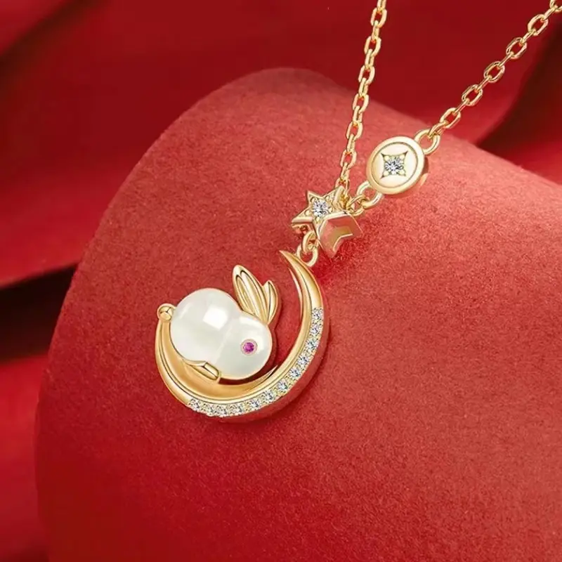 14K Gold/Silver Rabbit Moon Pendant Necklace for Women Girls Cubic Zirconia Artificial Jade Bunny Animal Adjustable Choker Chain Necklaces Delicate Cute Easter Birthday Holiday Jewelry Gift 18 inch,jade bunny necklace