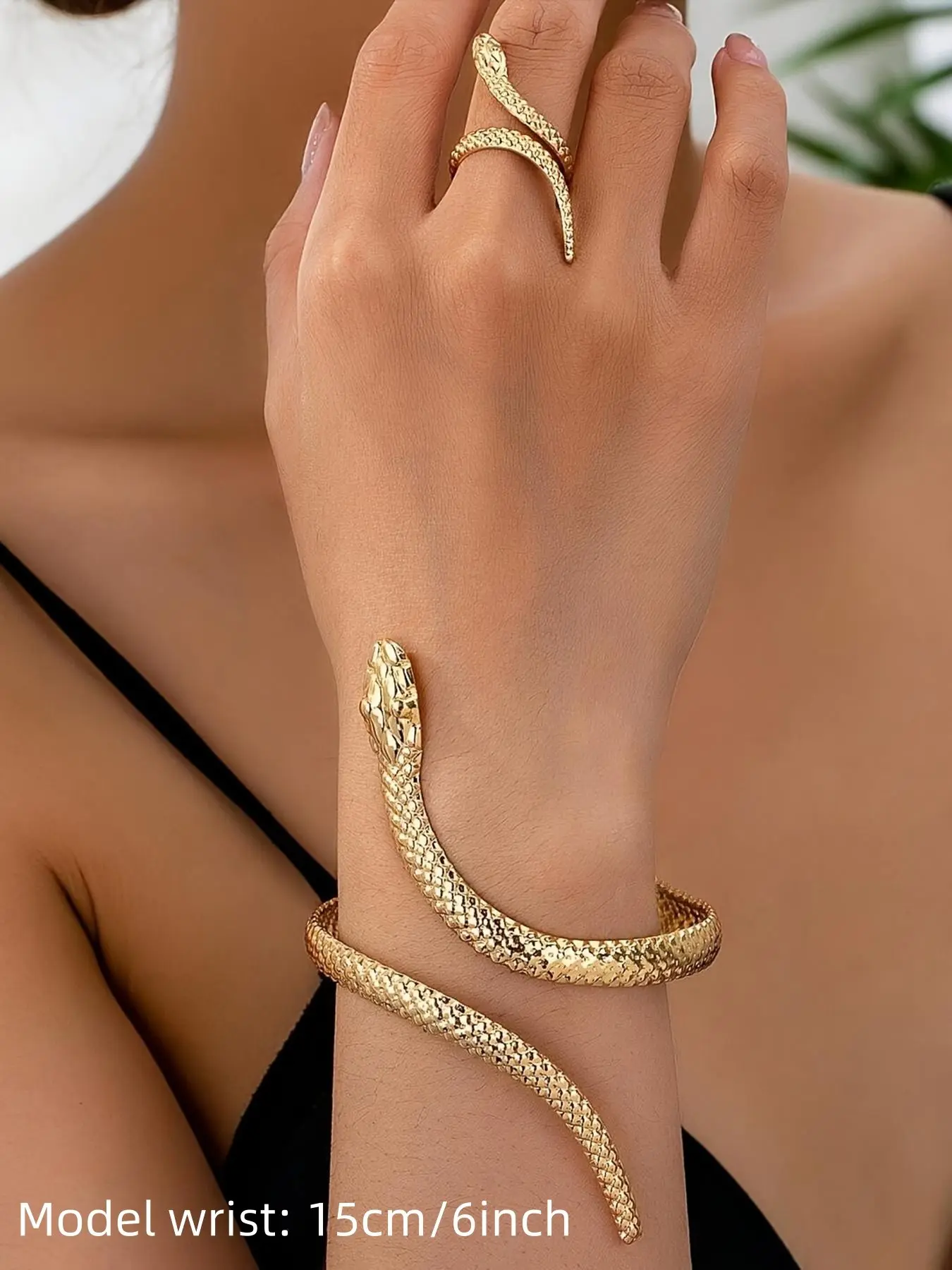 Women's Gothic Punk Style Jewelry Set, Elegant Jewelry Set, Adjustable Snake Bracelet & Ring, Vintage Textured Design, Perfect Gift for Daily Wear, Matching Jewelry Set