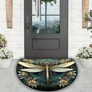 2D Sunflower Dragonfly Welcome Mat Semicircular Half Round Door Mat Outdoor Indoor Non Slip Durable Entrance Rug for Kitchen Bedroom Bathroom