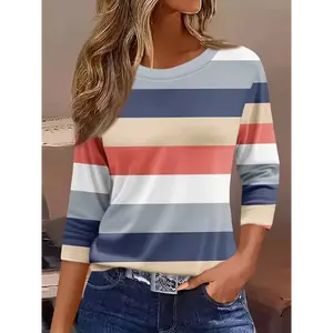 3/4 Sleeve Polyester Blend Striped Print T-Shirt - Round Neck, Machine Washable - Perfect for Spring/Summer/Fall