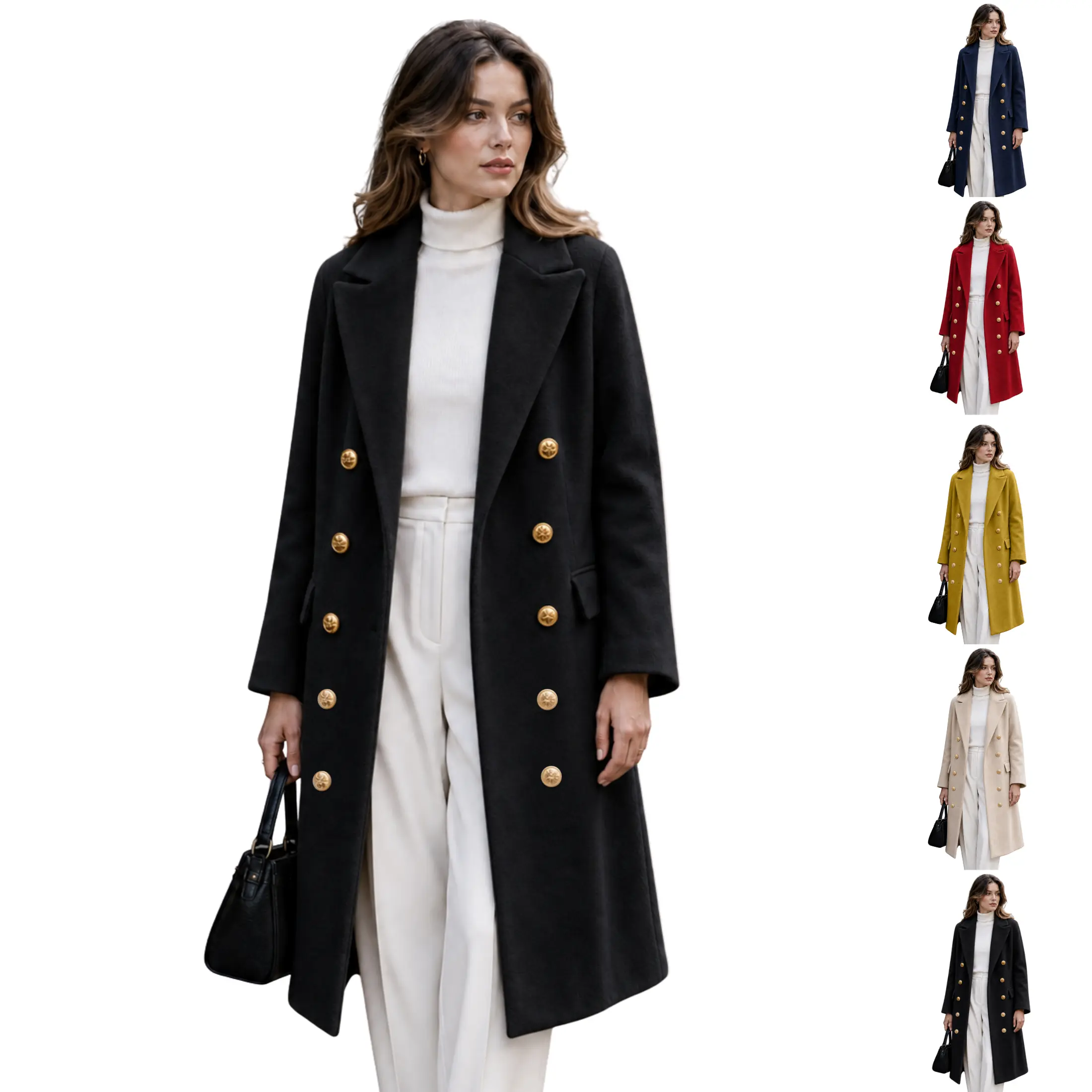 JovenPara Womens Fall Winter Wool Blend Coat Double Breasted Midi Peacoat Long Trench Jacket Classic Elegant Outerwear Casual Warm Coat
