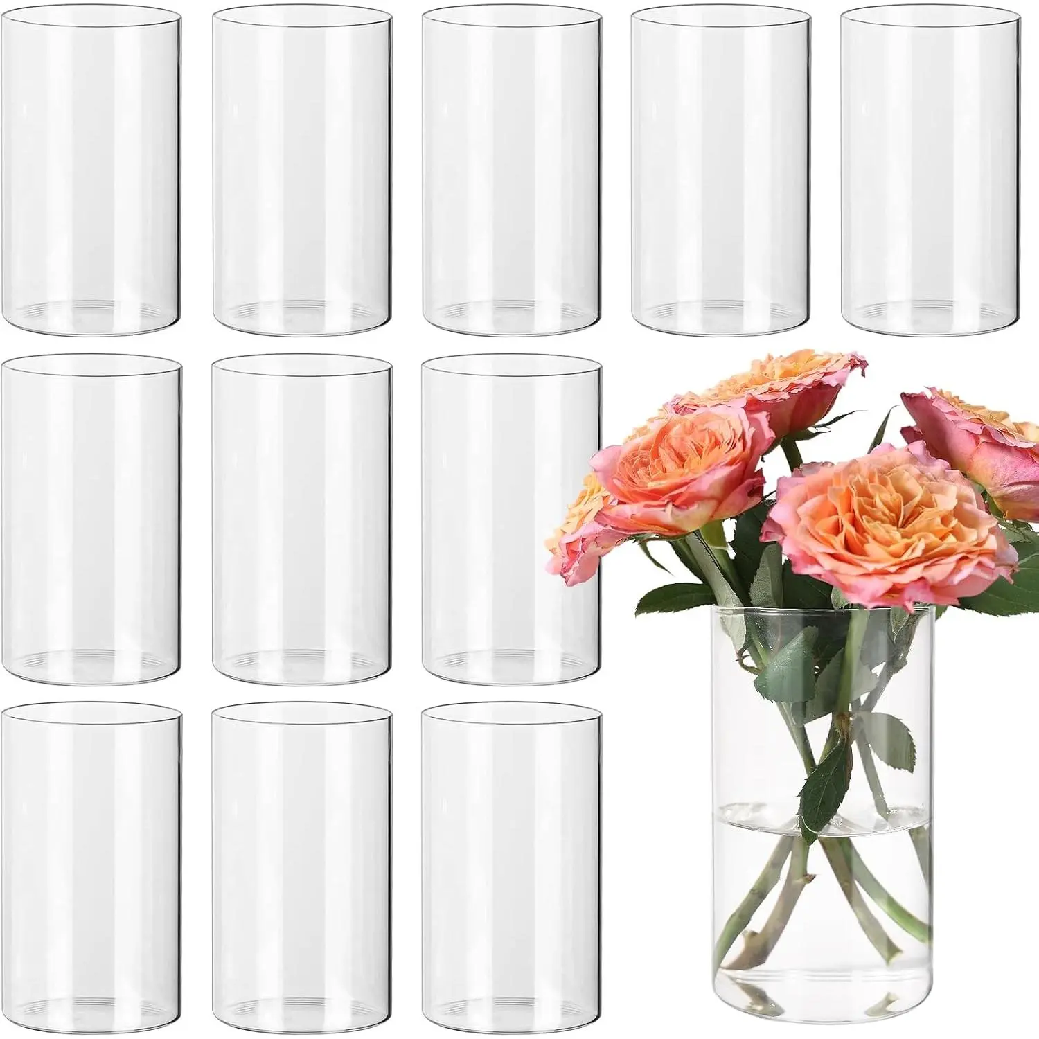12 count Clear Cylinder Vases for Centerpieces, Glass Flower Vases for Wedding Decorations and Home Decor, 6 Inch Glass Hurricane Candle Holder for Table Shelf