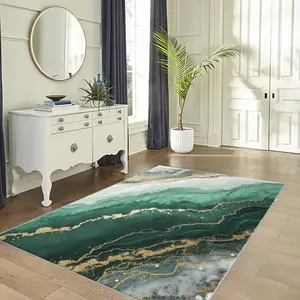 1PC Marbled Green and Gold Area Carpet Lightweight Washable EasytoCare Summer and Autumn Floor Mat Suitable for Living Room Bedroom Office Bathroom Balcony Room Accessories