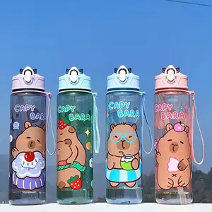 Cute Cartoon Capybara Plastic Water Bottle, 700ML/23oz, with Lid, Straw, Handle, Ideal for Holidays, School, Outdoor Activities, Birthday Gifts