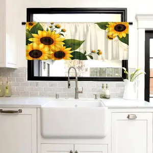 Sunflower Kitchen Curtains, Polyester Material, Rod-Pass Design, 2D Print, Ideal for Cabinets, Storage Shelves, Bathroom Windows, Kitchen Decor