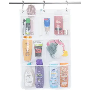 Shower Organizer, Shower Caddy or Bathroom Organizer with Quick Drying Mesh, 7 Pockets to Hold Shampoo, Soap, Loofah, and Cruise Ship Essentials, 17 Inch by 22 Inch, White, 1 Pack