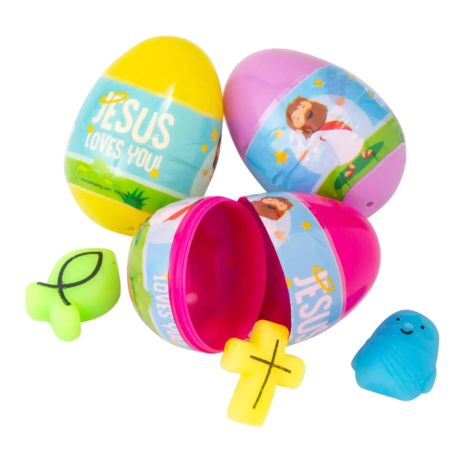 3" Bulk 48 Pc. Religious Mochi Toy-Filled Plastic Easter Eggs