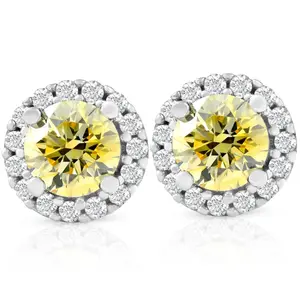1/2 Ct Halo Fancy Canary Yellow Lab Grown Diamond Studs 10k White Gold Earrings