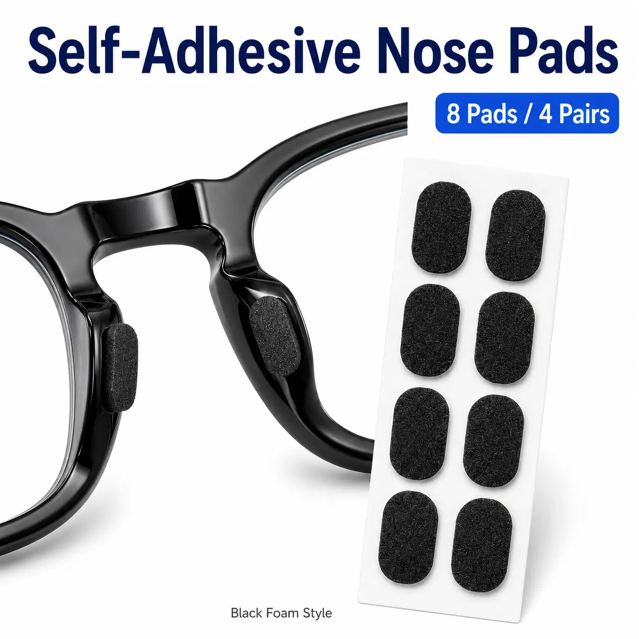 Self-Adhesive Eyeglass Nose Pads, 8 Pads 4 Pairs Black Foam Cushion Pads, Anti-Slip Glasses Accessories for Reading Glasses and Sunglasses